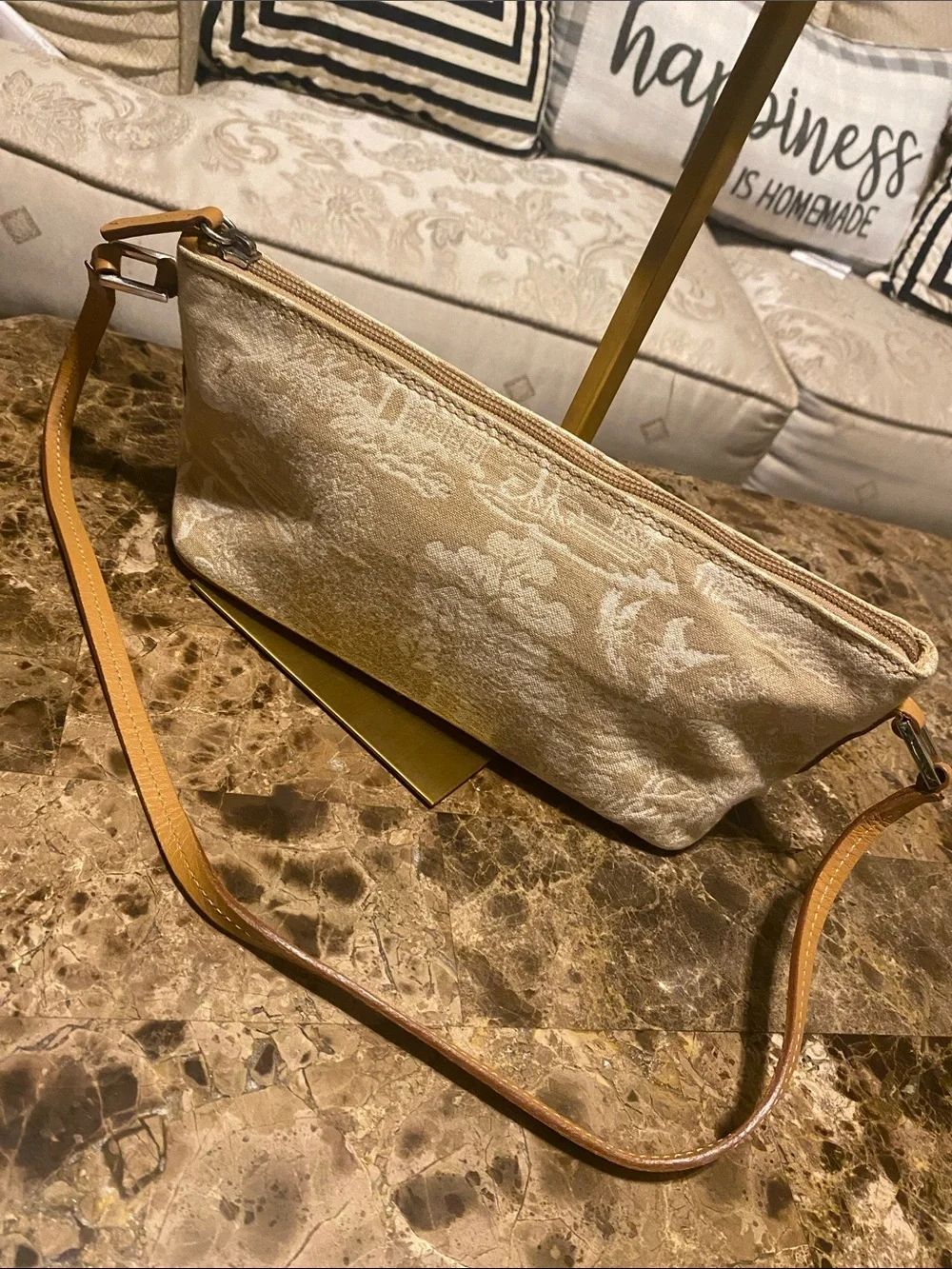 Talbots Cream Jacquard Crossbody with Tan Strap